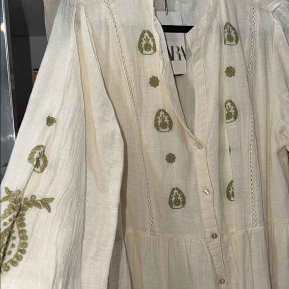 ZARA Cream Embroidered Button-Down Dress - Picture 3 of 3